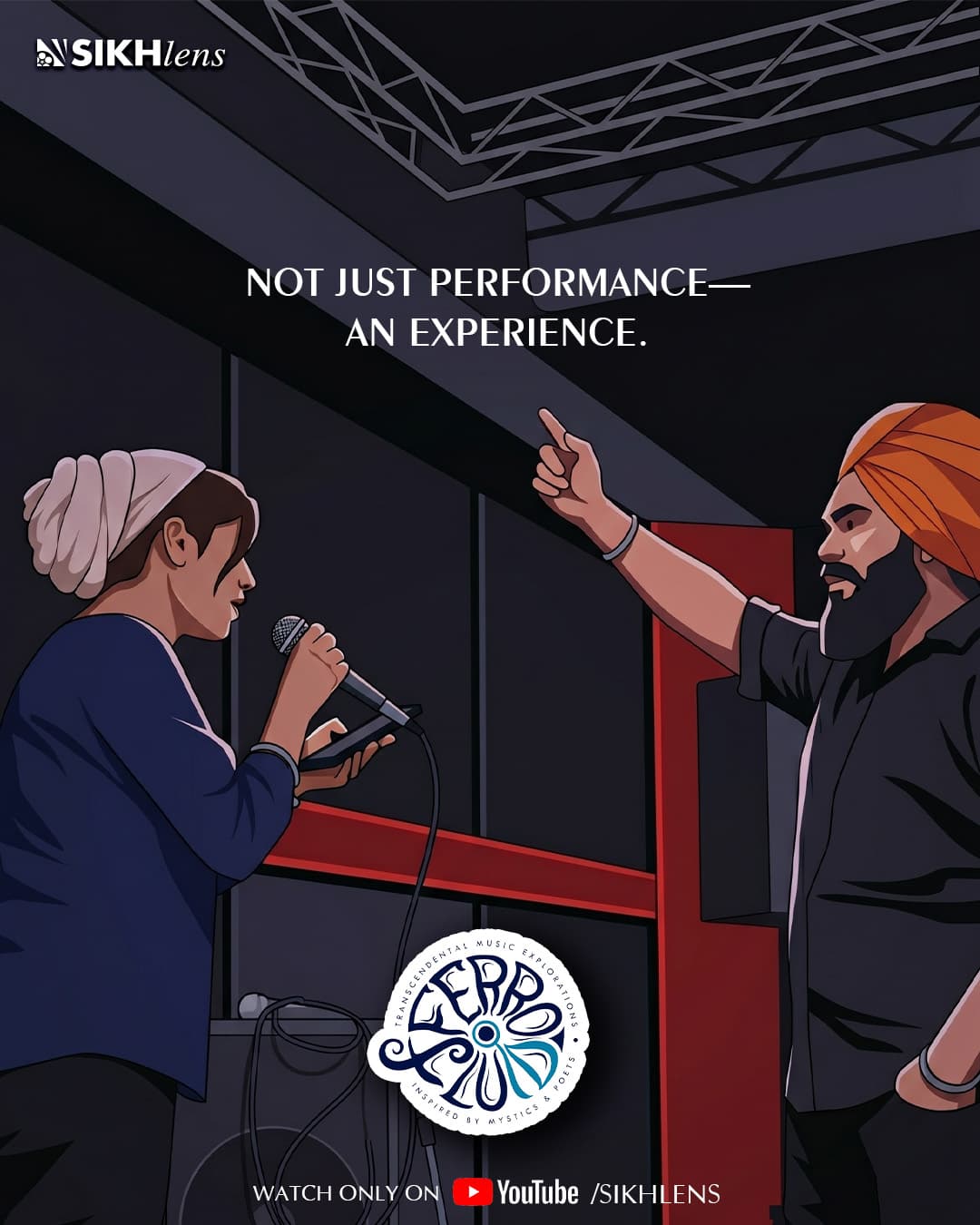 One hand reaches for the lights. The other holds the mic.