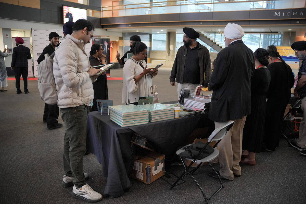 Books and display table in the lobby